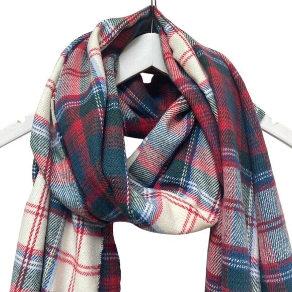 EDDIE BAUER Plaid Blanket Scarf Large Oblong Red Blue Preppy Acrylic 80" long - Picture 3 of 8
